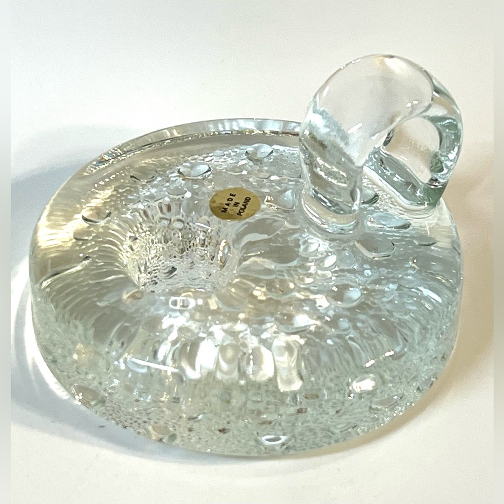 VTG Svend Jensen Clear Glass Textured Candlestick Holder Bubbles MCM Finger Loop